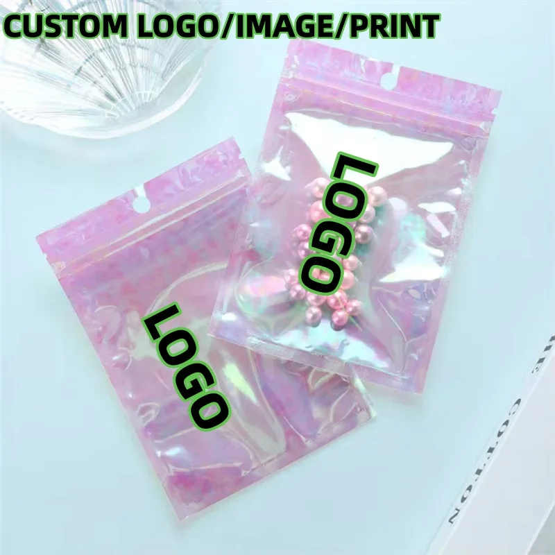 100pcs Flat Holographic Iridescent Film Zip Lock Packaging Bag Resealable Snack Candy Nail Beauty Jewel Button Gifts Pouches