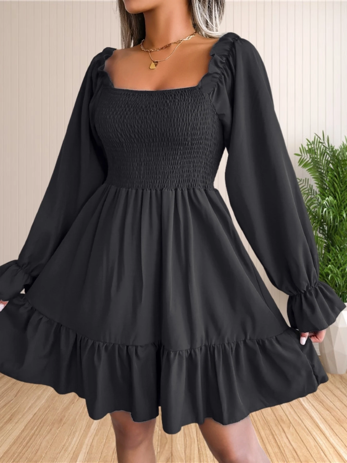 Womens Puff Sleeve Smocked Dresses Square Neck A Line Swing Flowy Ruffle Hem Babydoll Mini Dress