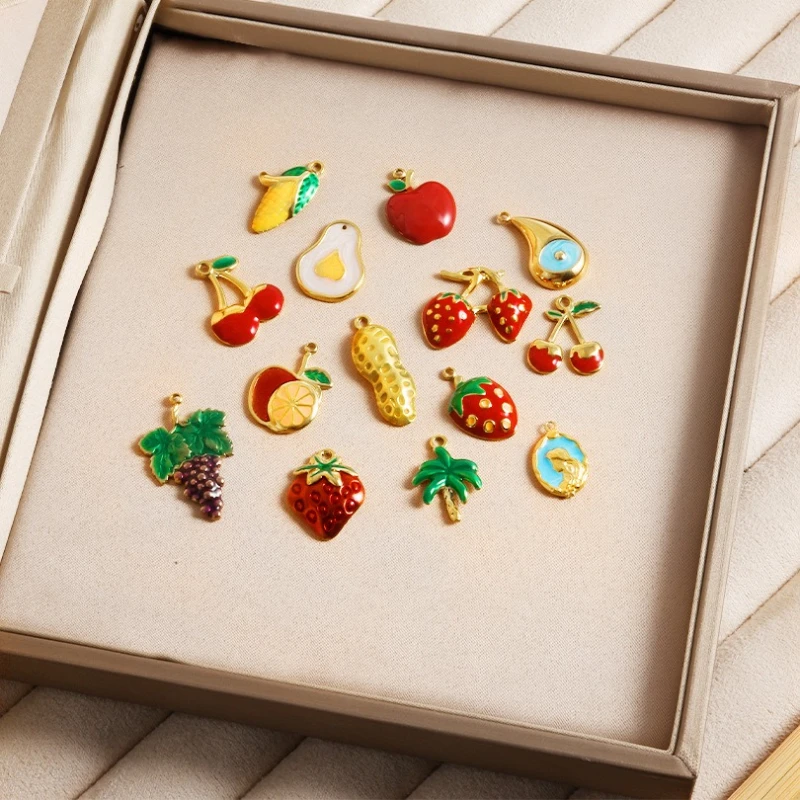 5Pcs Cute Colorful Fruit Enamel Charms 304 Stainless Steel Cherry Apple Strawberry Grape Coconut Tree DIY Jewelry Pendants