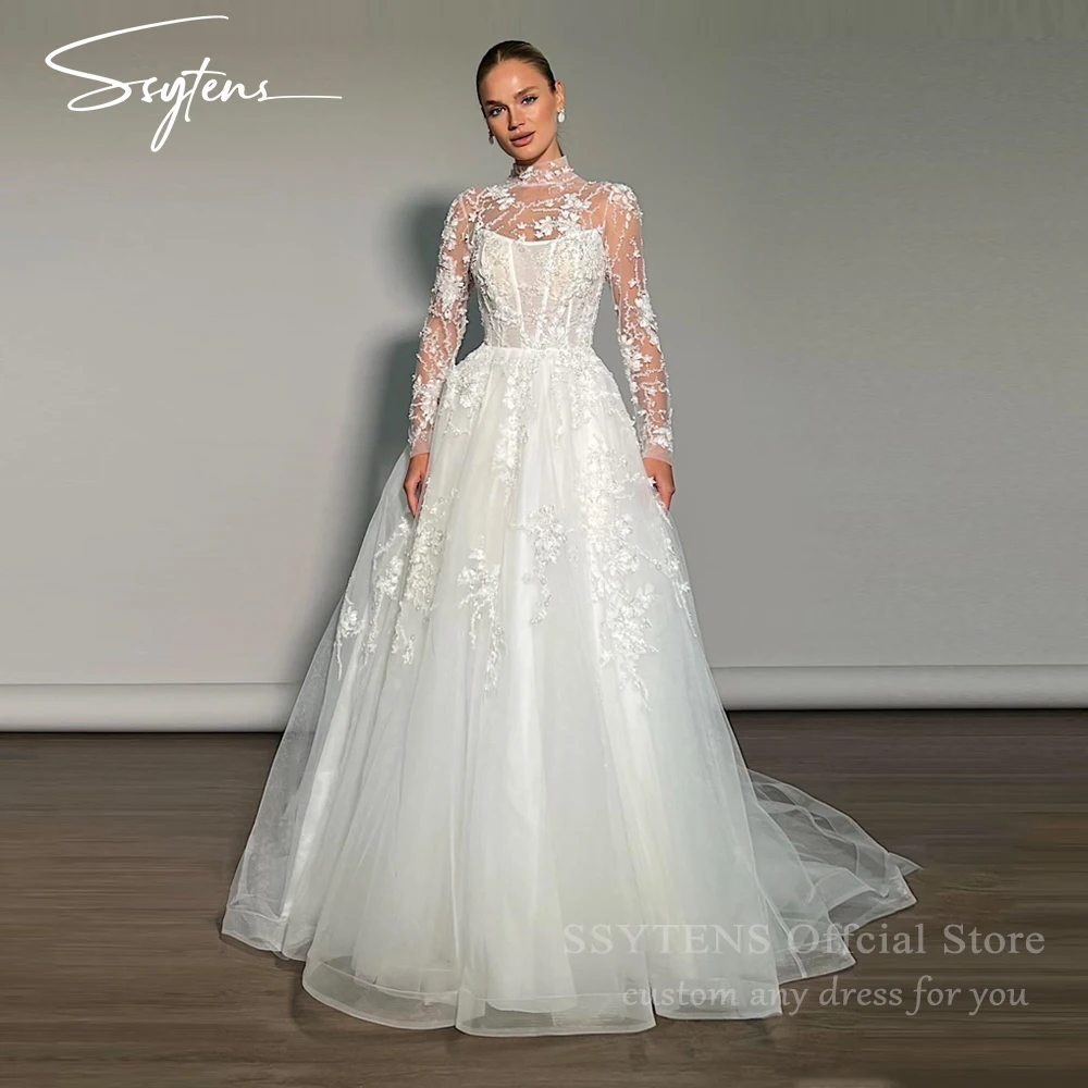 

SSYTENS Vintage Wedding Dresses For Woman 2026 Bridal Illusion High Neck Long Sleeves A-LINE Appliques Robe De Mariée Customized