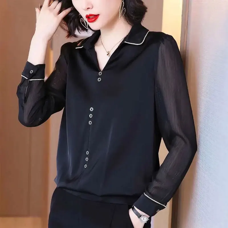 Office Lady Turn-down Collar Blouse 2022 Spring Autumn Bright Line Decoration Stylish Button Female Solid Color Patchwork Shirt