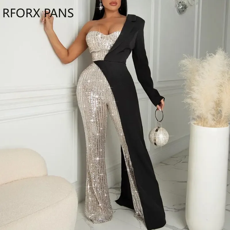 Women Elegant One  Shoulder Long Sleeves Sequins Patchwork Flared Leg Straight Formal Black Jumpsuit