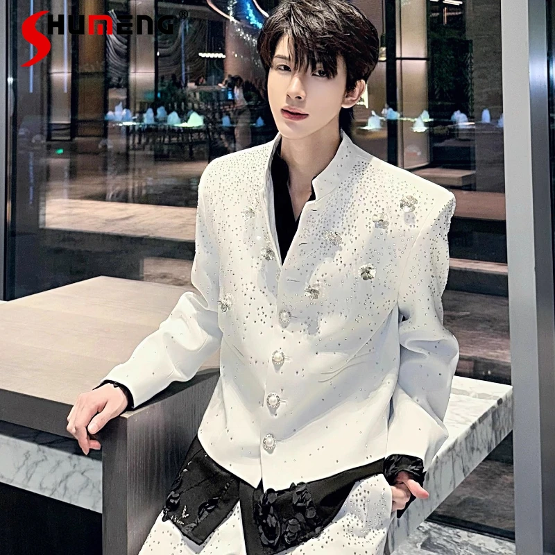 

Мужские осенние новые куртки с воротником-стойкой и длинными рукавами, дизайн со стразами, свободные удобные однотонные топы, красивые джентльменские пальто