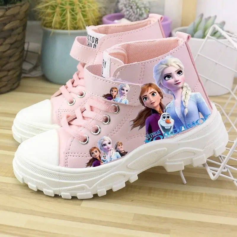 Disney-zapatos informales para niñas, Zapatillas altas para niños, zapatos de tablero, princesa Elsa, rosa, púrpura, talla 25-37