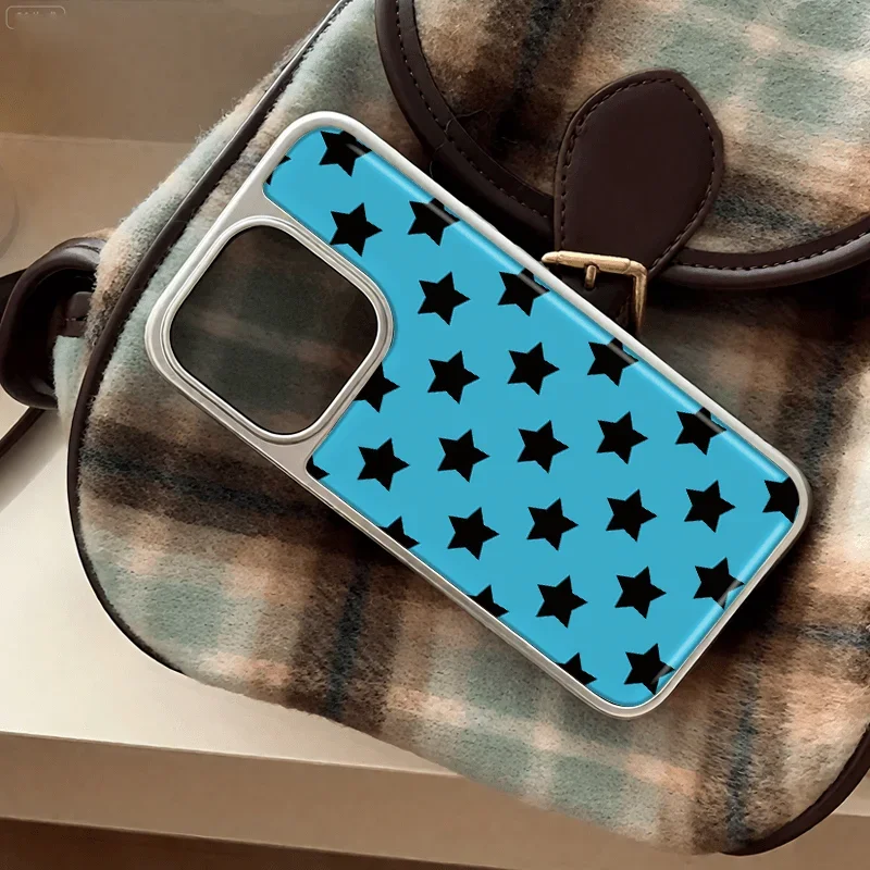 Korean Ins Trendy Full Screen Black Stars Phone Case For Samsung Galaxy S23 S24 S25 S26 PLUS ULTRA FE EDGE Drop Glue Cover