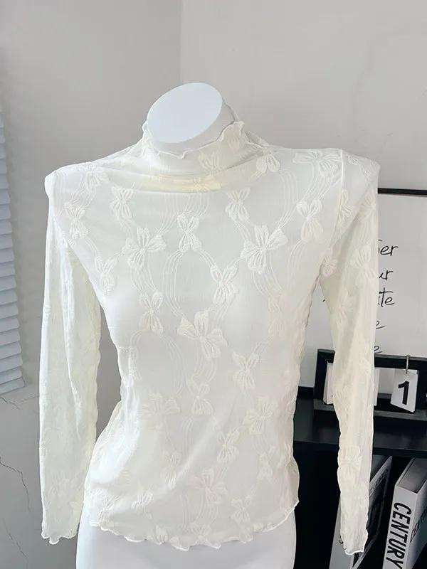 

Lace Trim Halter Neck Mesh Base Shirt Women's Spring Autumn New Style Inner Wear Soft Fashionable Long Sleeve Knot