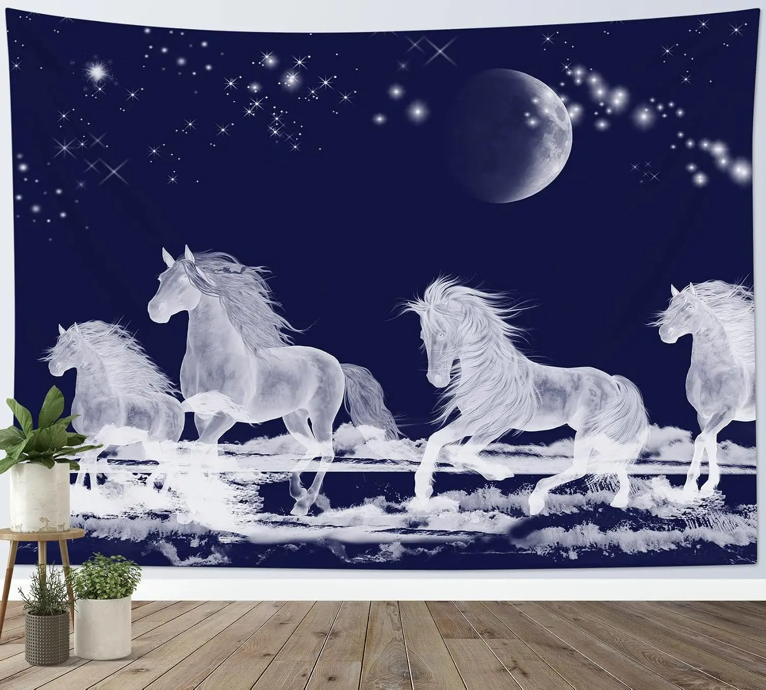 Beautiful Horse Silhouette Tapestry Bohemian Night Sky Moon Stars Galloping Equestrian Wall Hanging Polyester Fabric Decor Art f