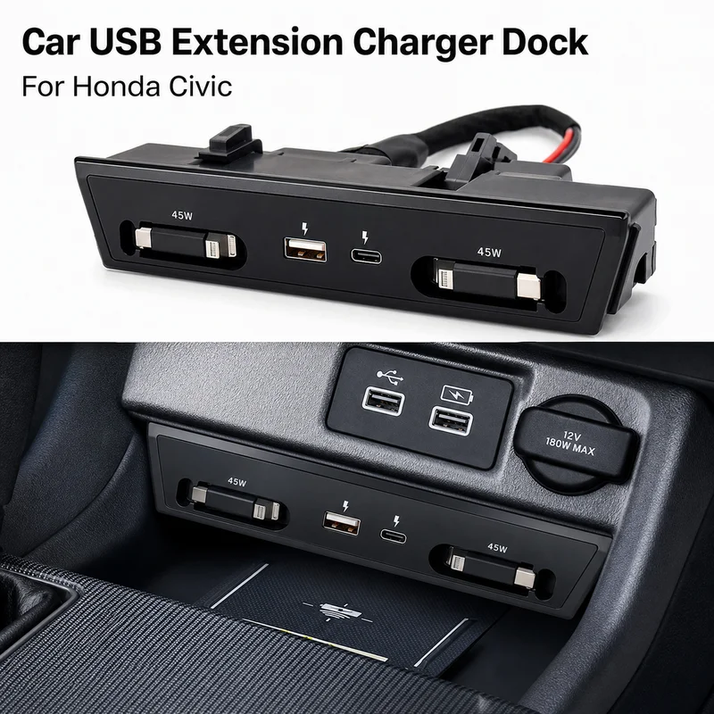 For Honda Civic USB Hub Car Charger Cigarette Lighter Adapter Expansion Docking Station Modification Fast Charging 3.1A