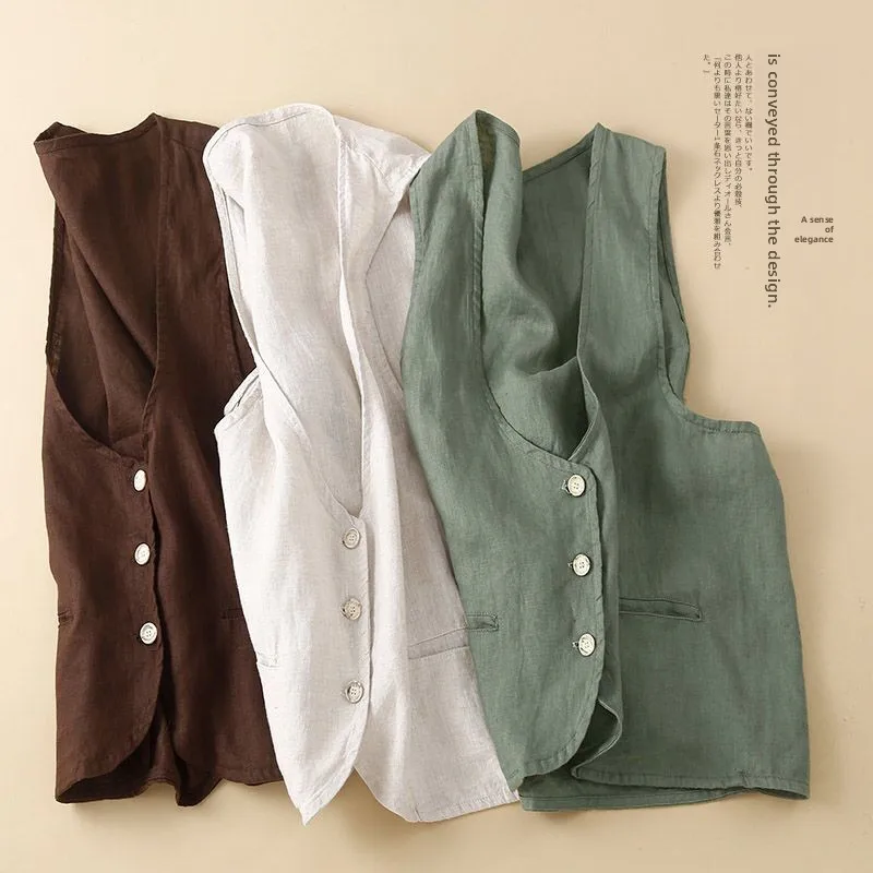 

Японский хлопковый льняной жилет, женский топ с открытыми плечами, маленький дизайн, Sense, чистый цвет, для поездок на работу