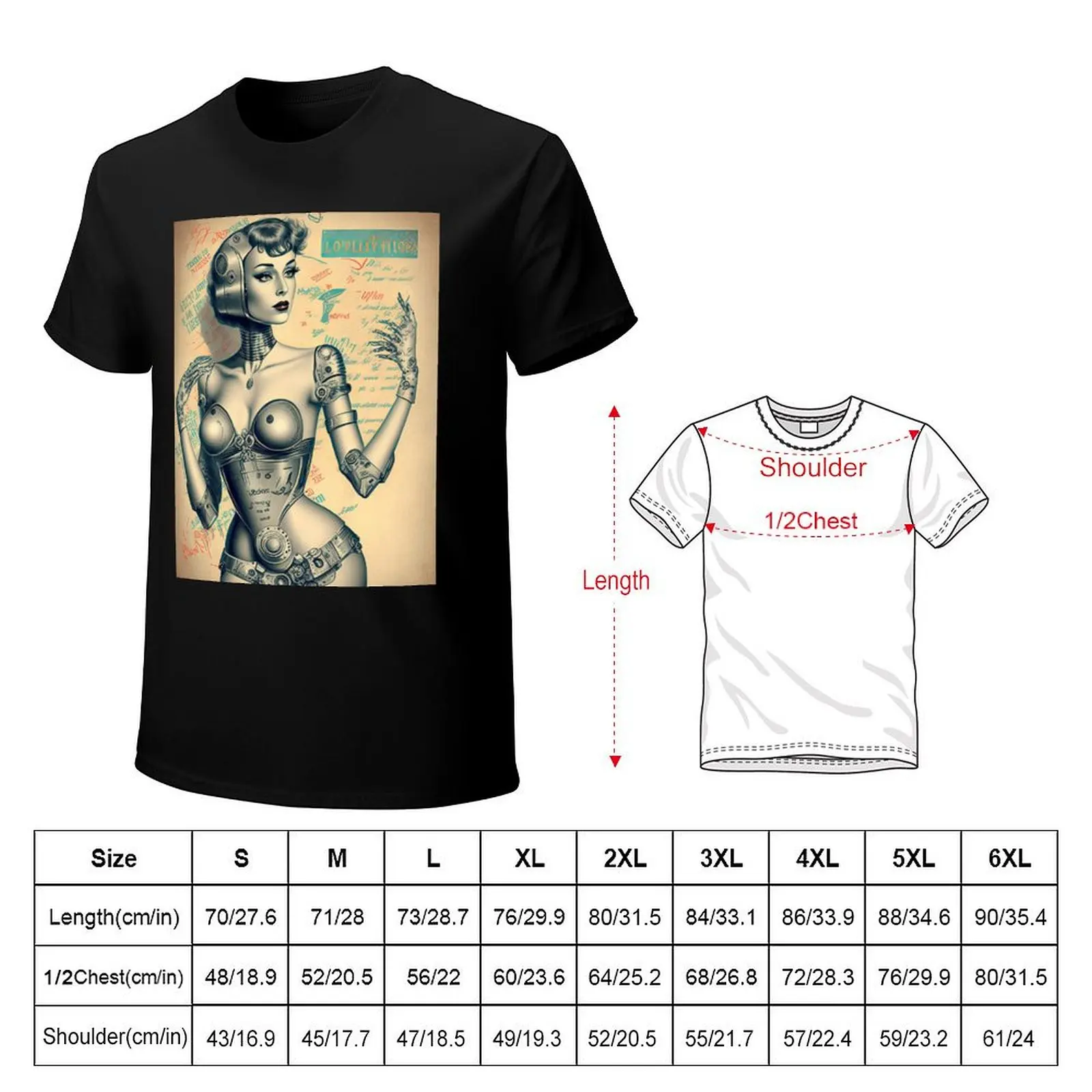 Vintage retro movie poster look with a beautiful sexy robot fantasy woman and typography background T-Shirt