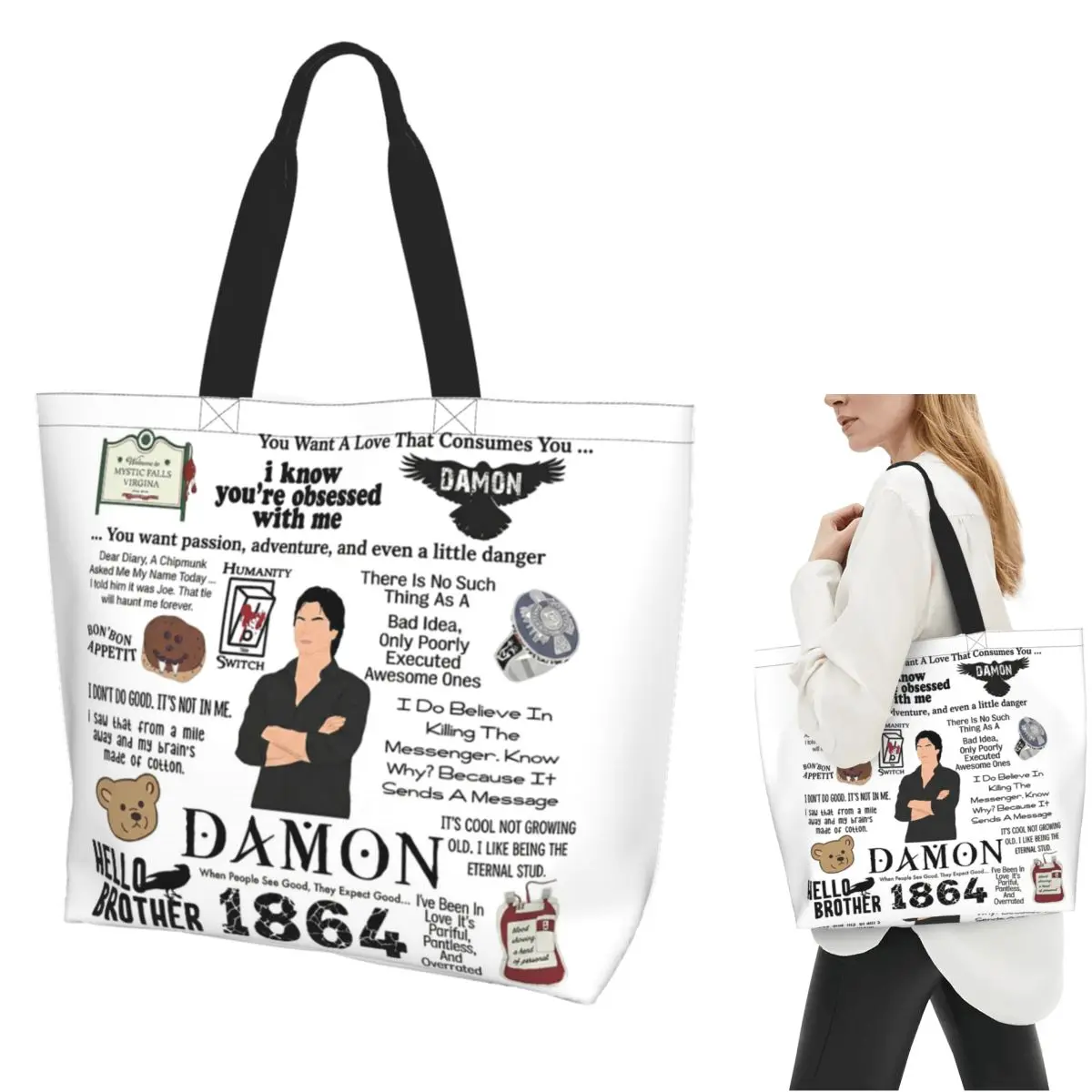 The Vampire Diaries Damon Salvatore TV Series Shopping Tote Bag Canvas Shoulder Bags Shopper Grocery Handbag for Women