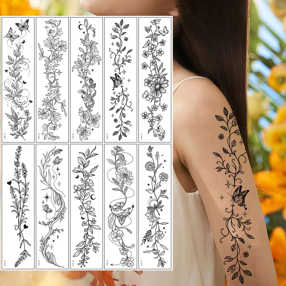 10pcs Black Flower Temporary Tattoos for Women Butterfly Fake Tattoos for Hand Arm Back Body Decor Long Lasting Tattoo Stickers