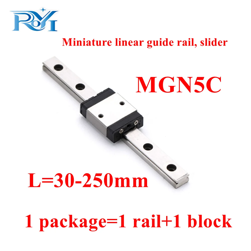 MGN MGN5 MGN5C Block L=30-250mm Miniature Linear Rail Slide 1PC MGN5 Linear Guide+1PC MGN5C Carriage for 3D Printer SLR Camera