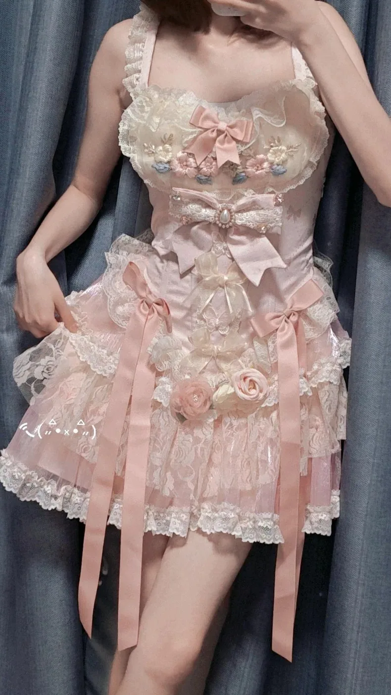 Autunno primavera dolce Lolita senza maniche rosa Patch pizzo luce Lolita vestito rosa fata abito da ballo