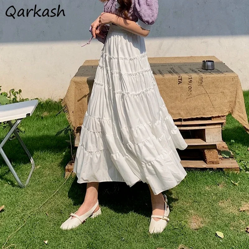 

Skirts Women Ankle-length Solid Color Folds Summer Elegant All-match Popular Female Vintage Elastic Waist Long White Black Teens