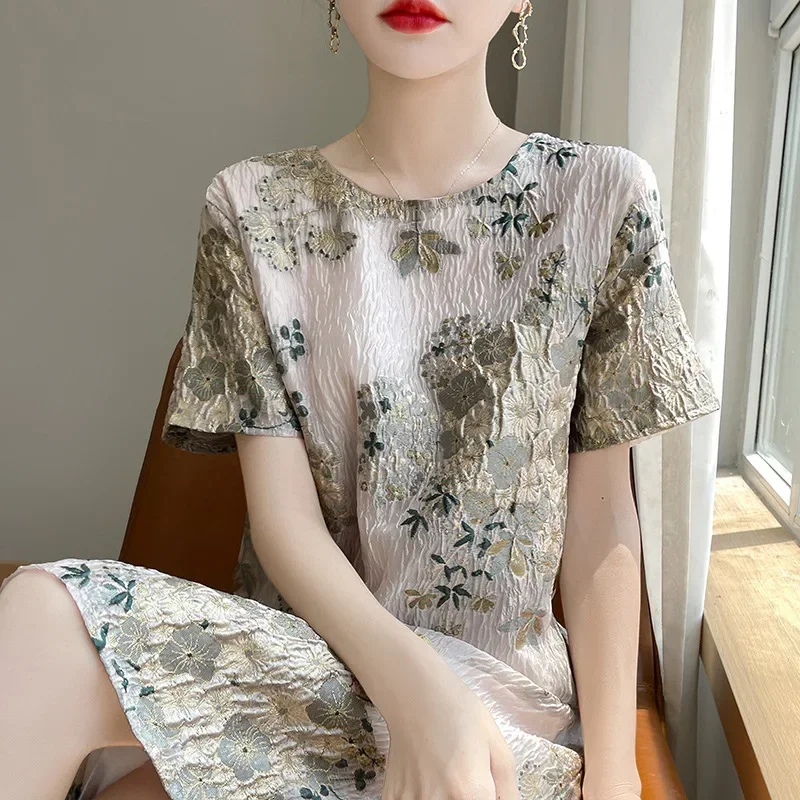 Summer New Acetic Acid Satin Dress Women's Heavy work Approximate Jacquard Embroidery Wide Version Long Dress High Elegance