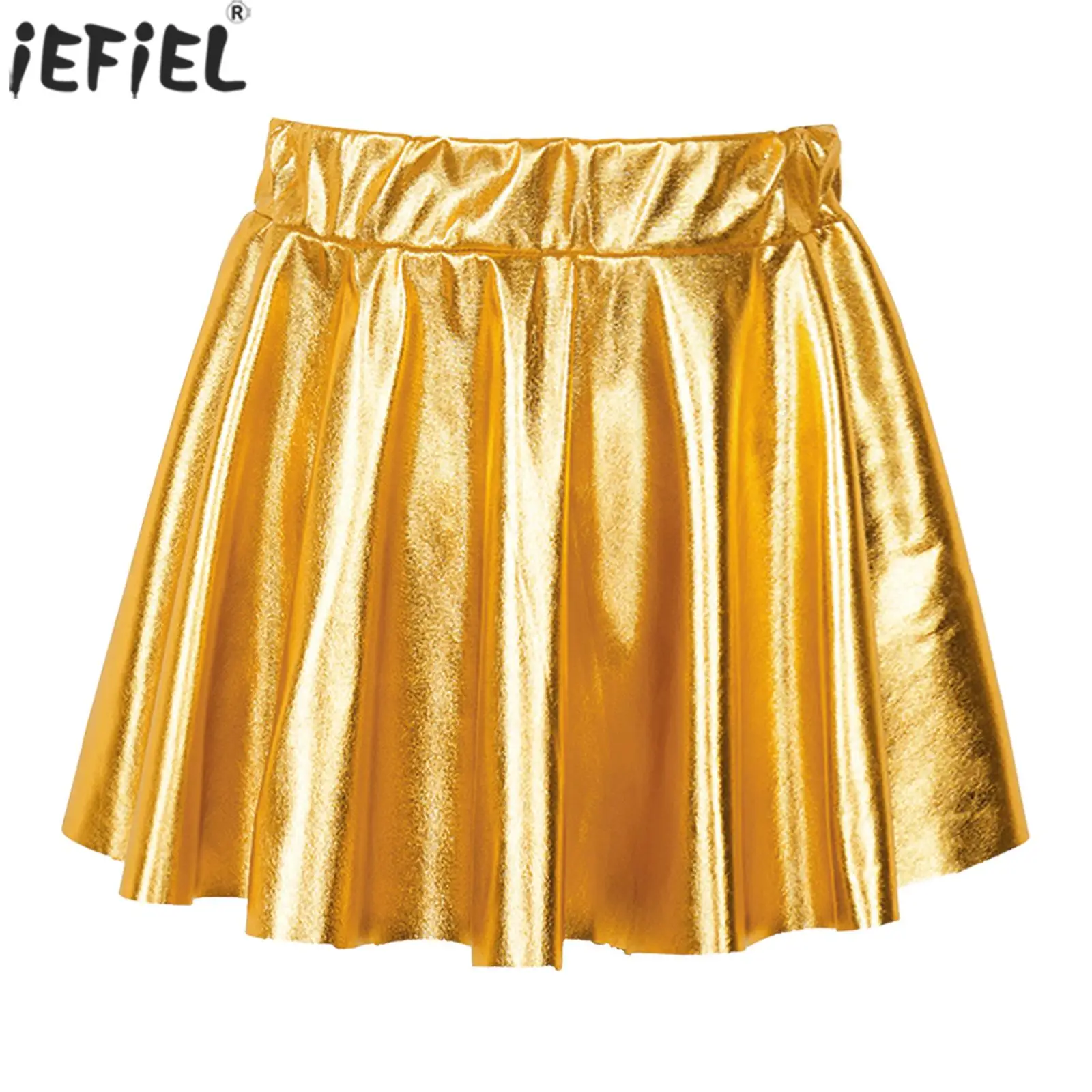 Kids Girls Shiny Metallic Pleated Skirt Skating Hip Hop Jazz Dance Performance Costume Elastic Waistband Athletic Scooter Skirts