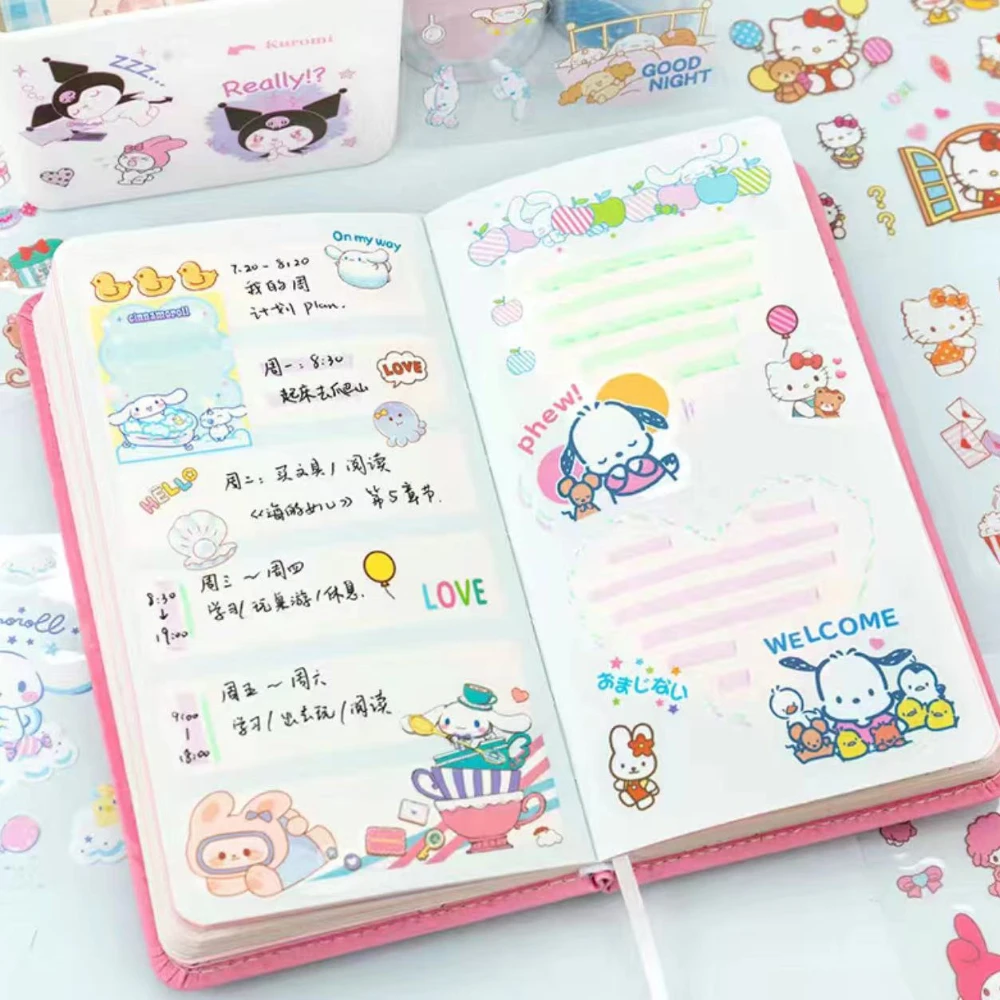 100 hojas/caja Sanrio Combo pegatinas Kawaii Kulomi Melody Cinnamoroll manual Material decoración DIY pegatinas juguetes para niños