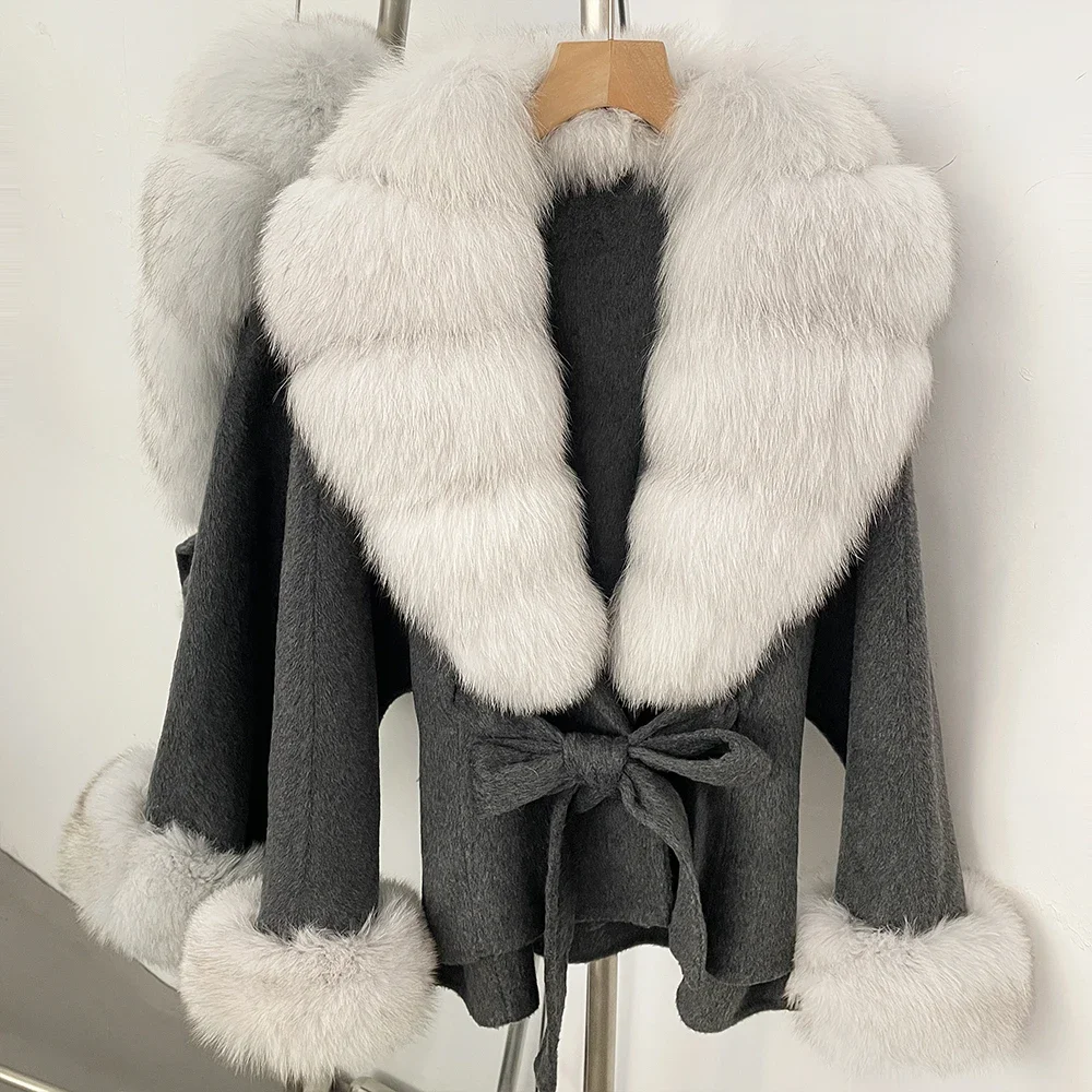 OFTBUY Luxuriöser Echtfuchs-Pelzkragen Wollmantel für Damen Neue Herbst-Winter-Kleidung mit Natürlichem Pelzgürtel 100% Wollmantel für Frauen – Detail 22