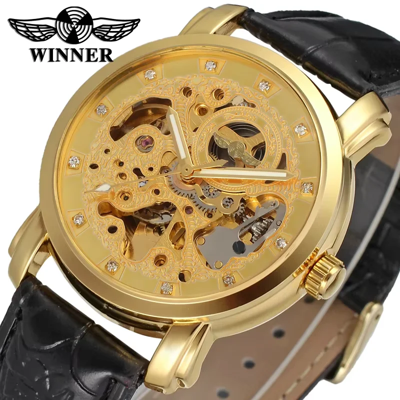 

winner Men's Casual Round alloy Mechanical Watch Hollow Belt Wrist Watch Gold Automatic Mechanical Watch