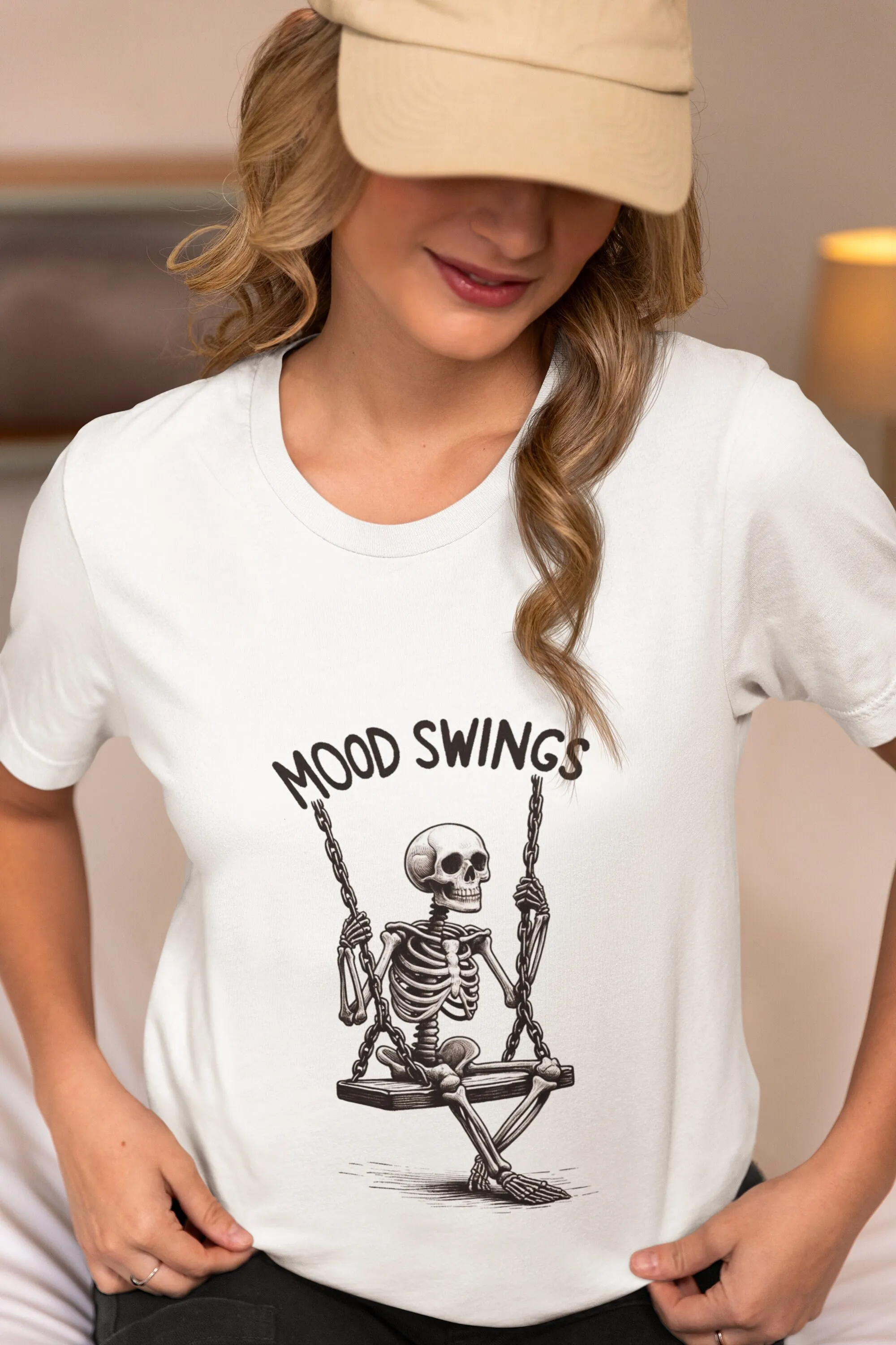 Skeleton Swing T Shirt Moody Vibes Goth Aesthetic Dark Humor Halloween Top Spooky Casual Wear Unique Art