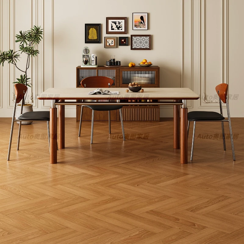 

Medieval travertine rock slab dining table, high-end retro style home wood dining table