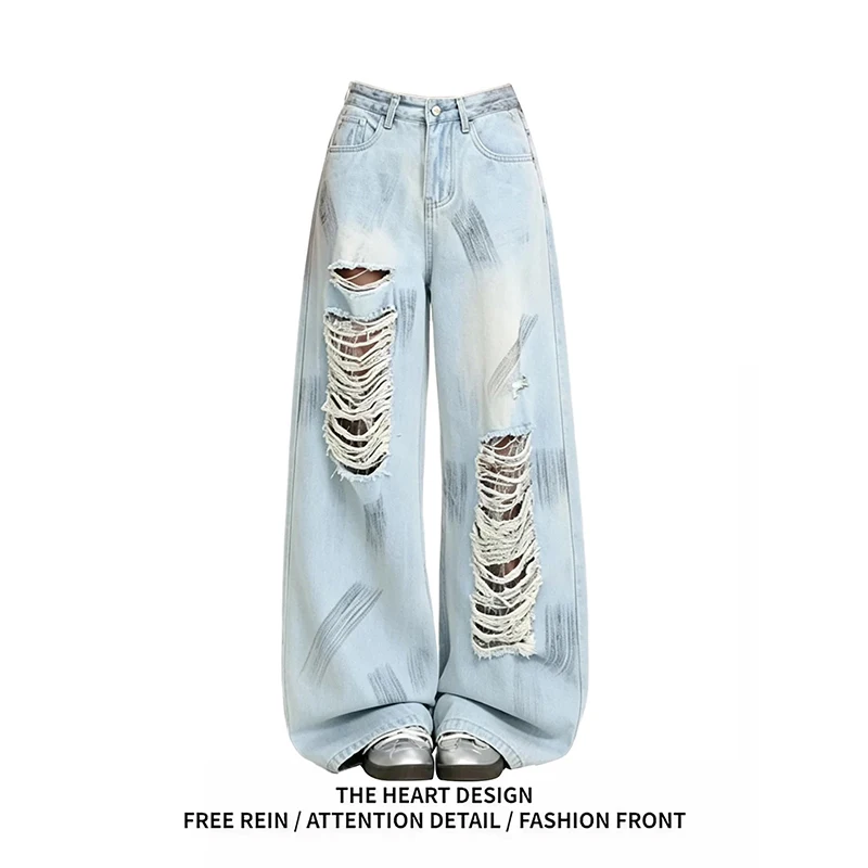 

ZHIZOU Summer Women Blue Baggy Jean Boyfriend Ripped Denim Pants Y2K Japanese Harajuku 2000s American Retro High Street Grunge