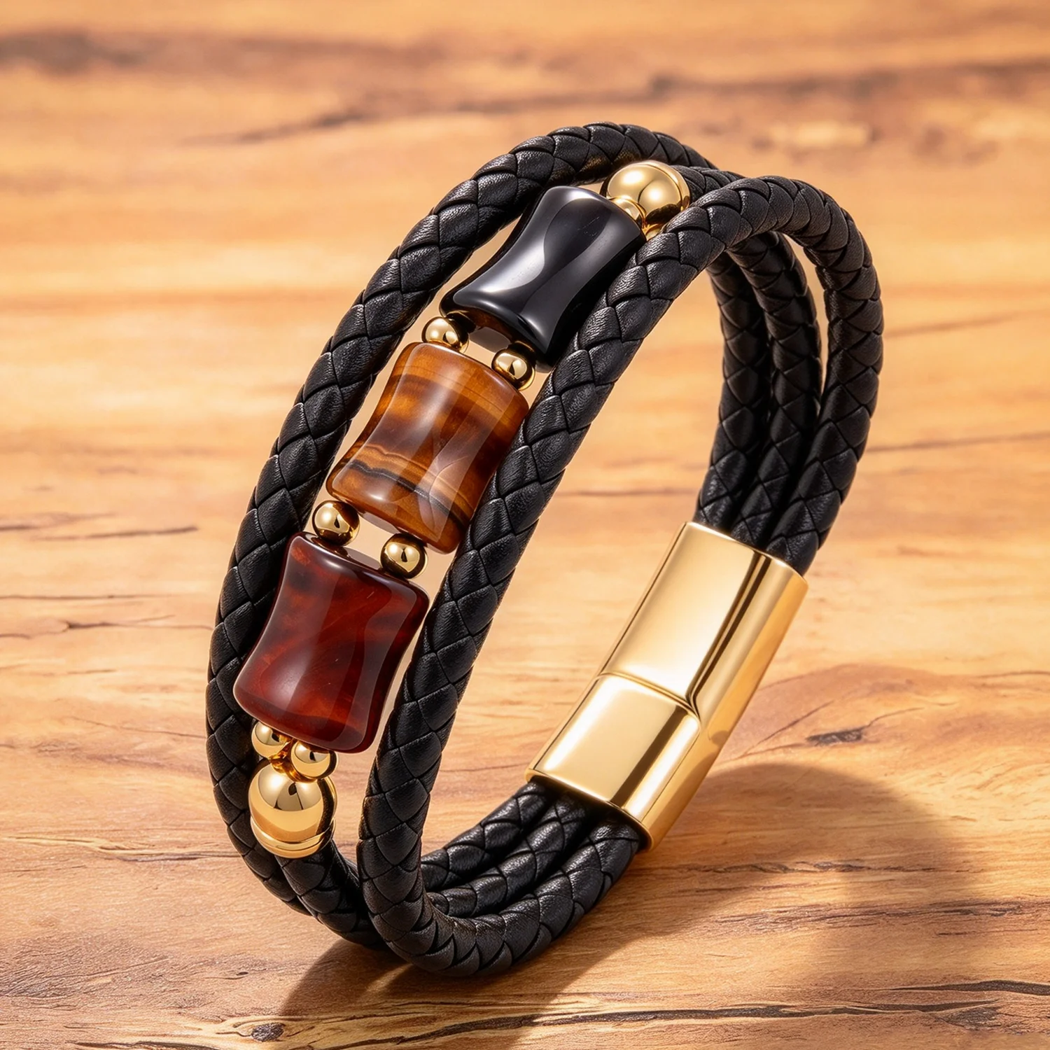 Men's Braided Leather Bracelet Natural Tiger Eye Stone Triple Row Woven Cuff Gold Stainless Steel Magnetic Clasp Bangle Jewelry