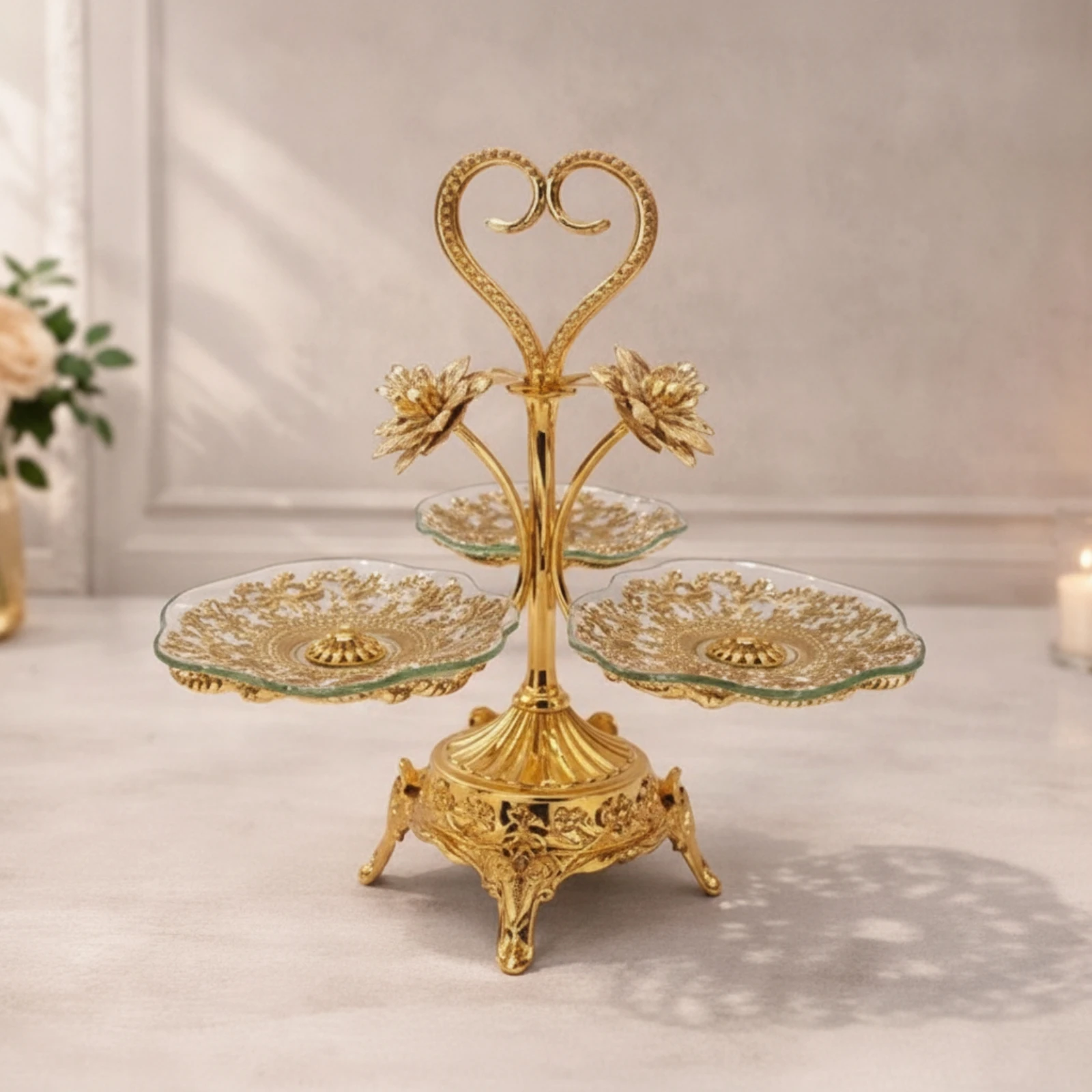 Fruit Stand with Glass Trays Filigree Dessert Stand with Metal Frame Ornate Dessert Stand Scalloped Heart-Shaped Tray Tiered - view 6