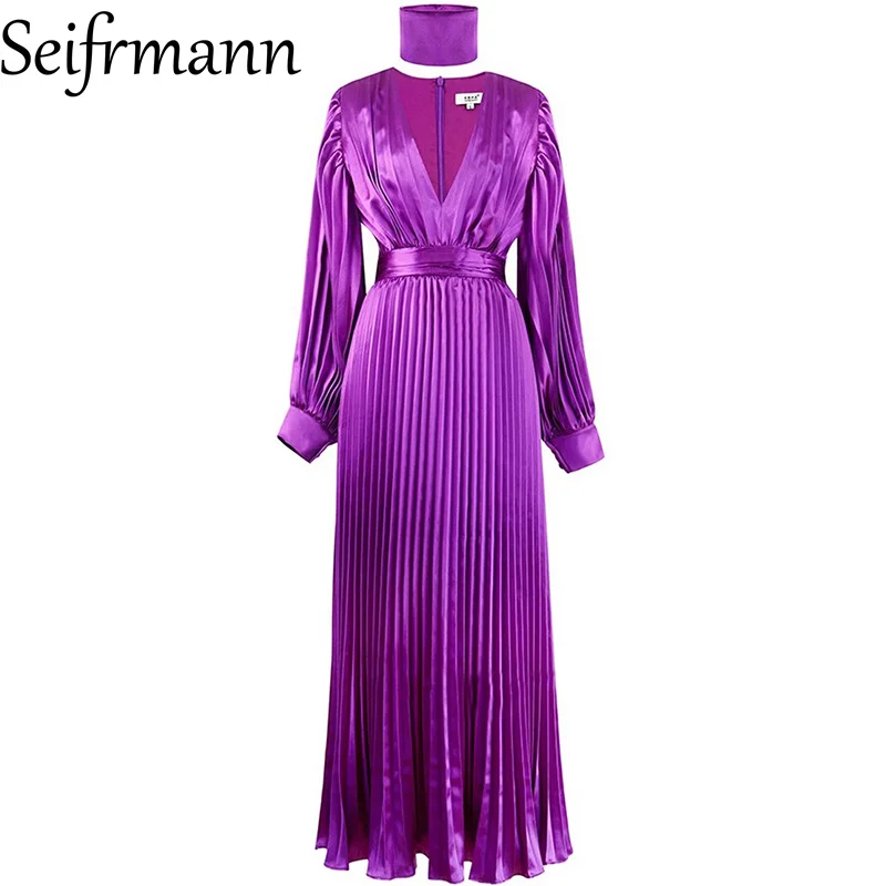 Seifrmann-Vestido largo ajustado con diseño de moda para mujer, vestidos largos empalmados plisados con cuello en V y mangas acampanadas para fiesta y graduación