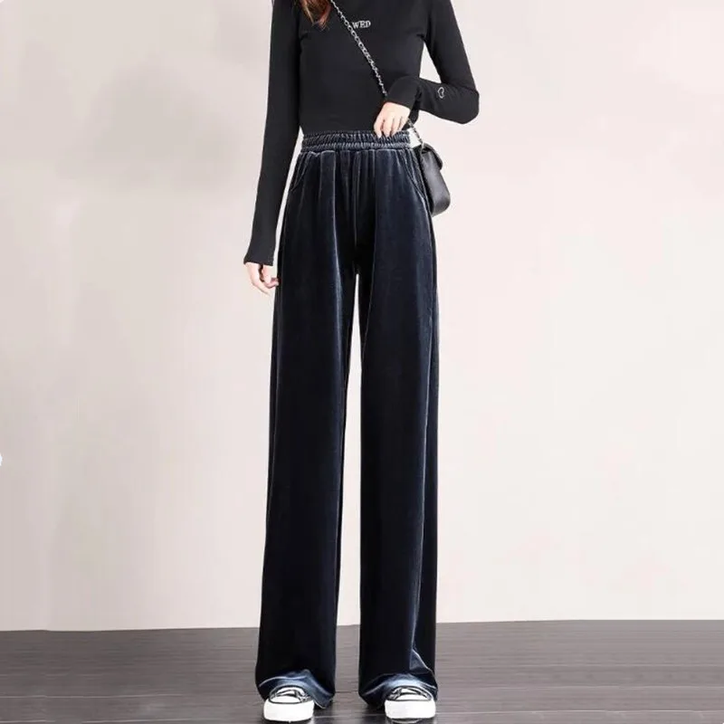 Fashion Women velvet Pant High Waist streetwear Loose casual long maxi Straight Leg velour Trousers Casual Pantalon Black Purple