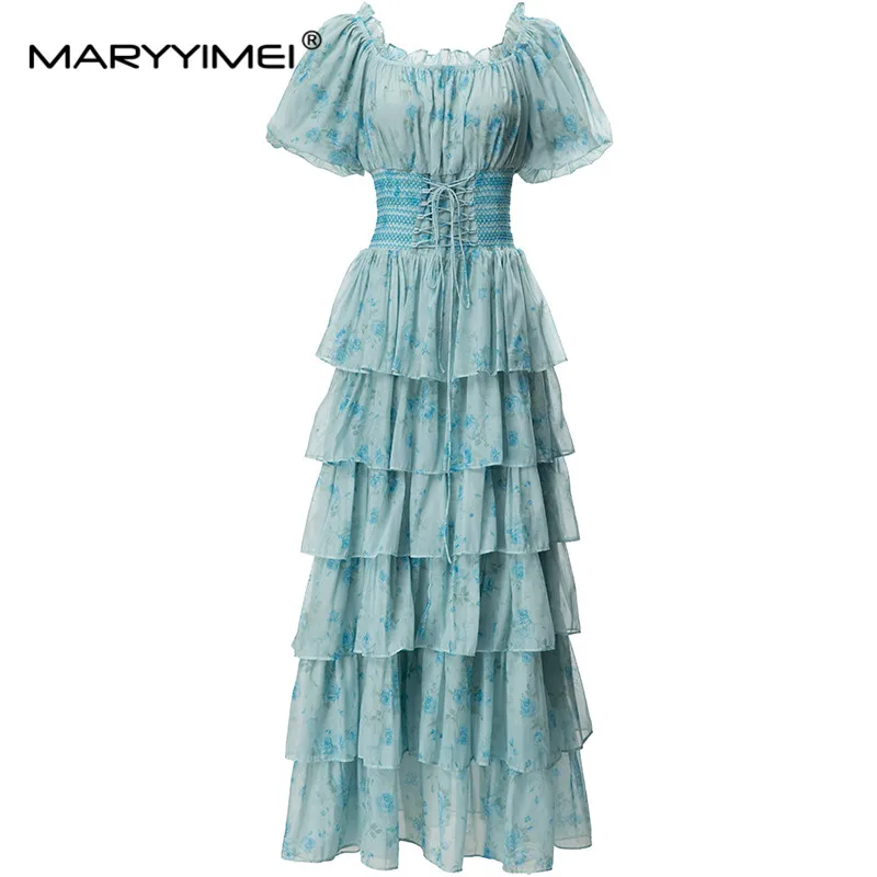 

MARYYIMEI Fashion Design Spring Summer women's Square-Neck Puff Sleeve Lace-UP Tierred Ruffles Print Party Prom Long Dresses