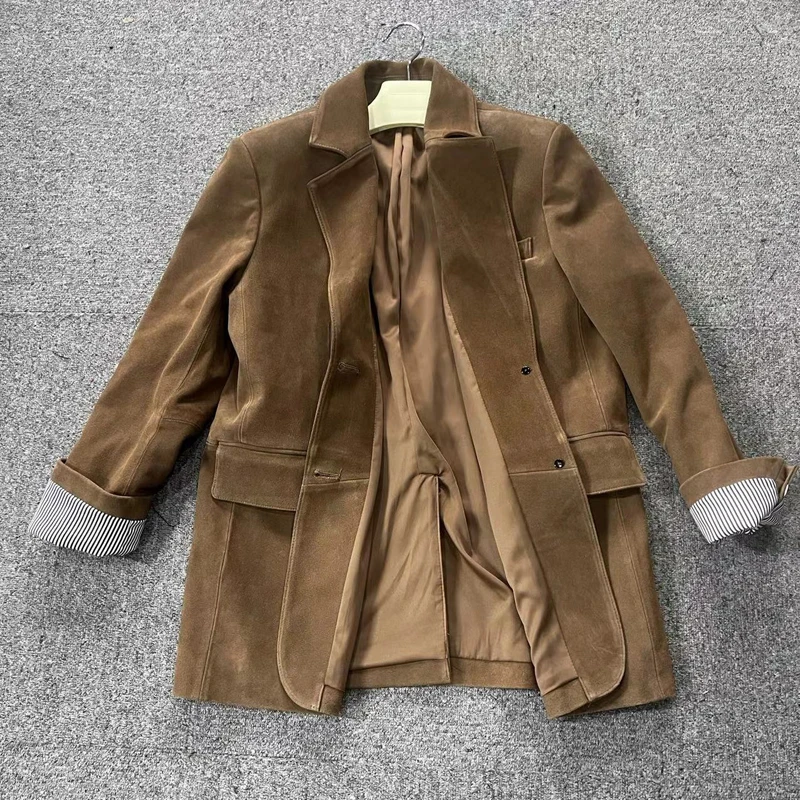 Traje de cuero de nobuk para mujer, abrigo Retro de ante de vaca genuino, chaqueta Vintage de color café, prendas de vestir de gran tamaño, otoño e