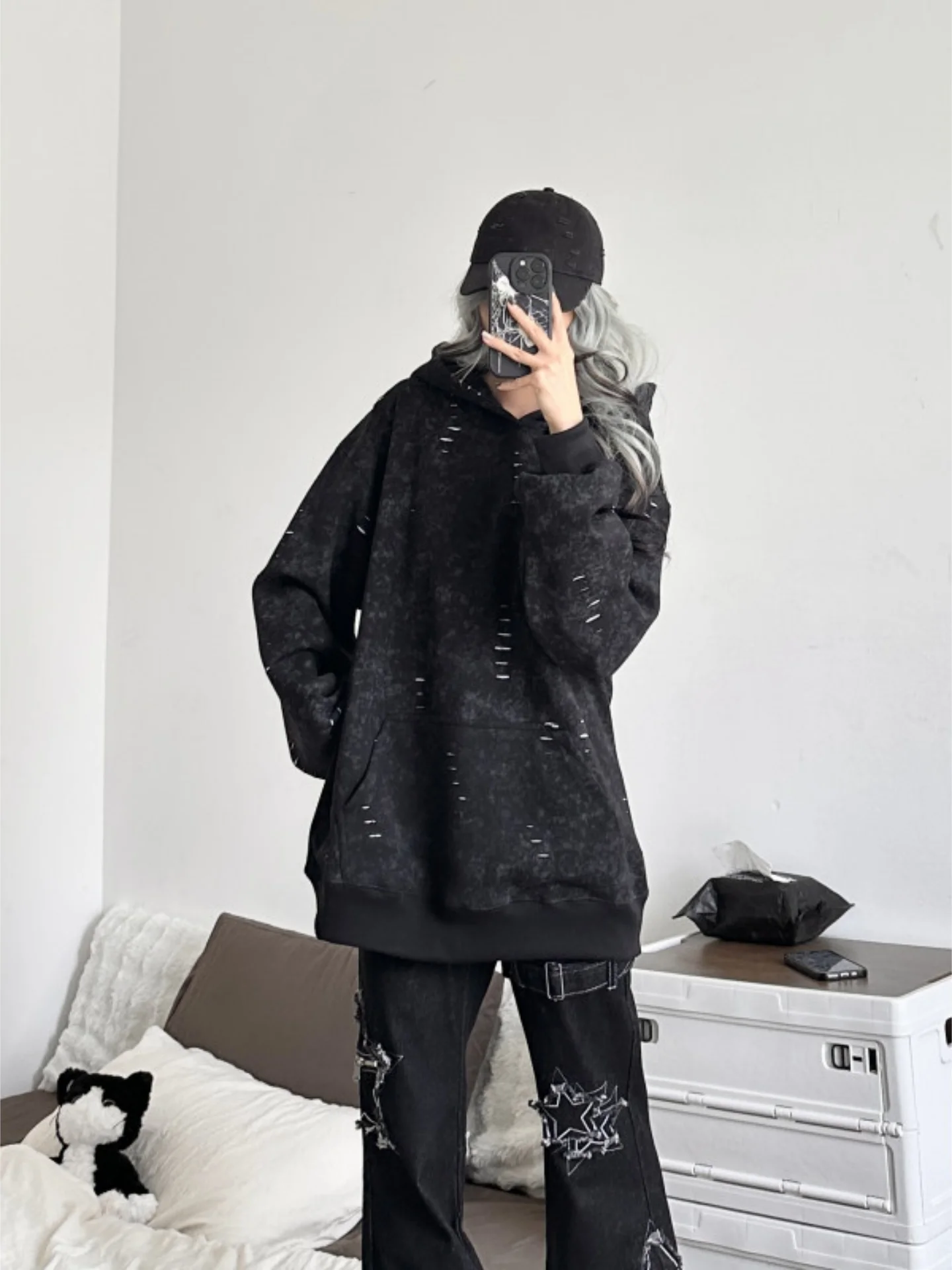 

Мужское худи оверсайз в американском ретро-стиле с эффектом потертости и дырками, осенне-зимнее, повседневное, комфортное, из смесового хлопка, уличный стиль