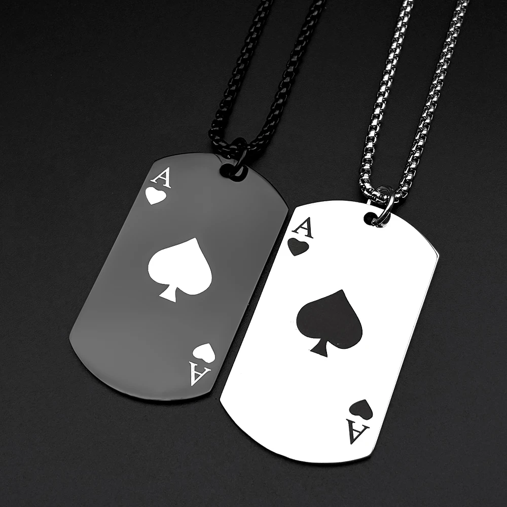 Ace Of Spades Dog Tag Pendant Necklace For Men Stainless Steel Silver Color Gothic Punk Poker Male Party Pop Chain Jewelry Goth