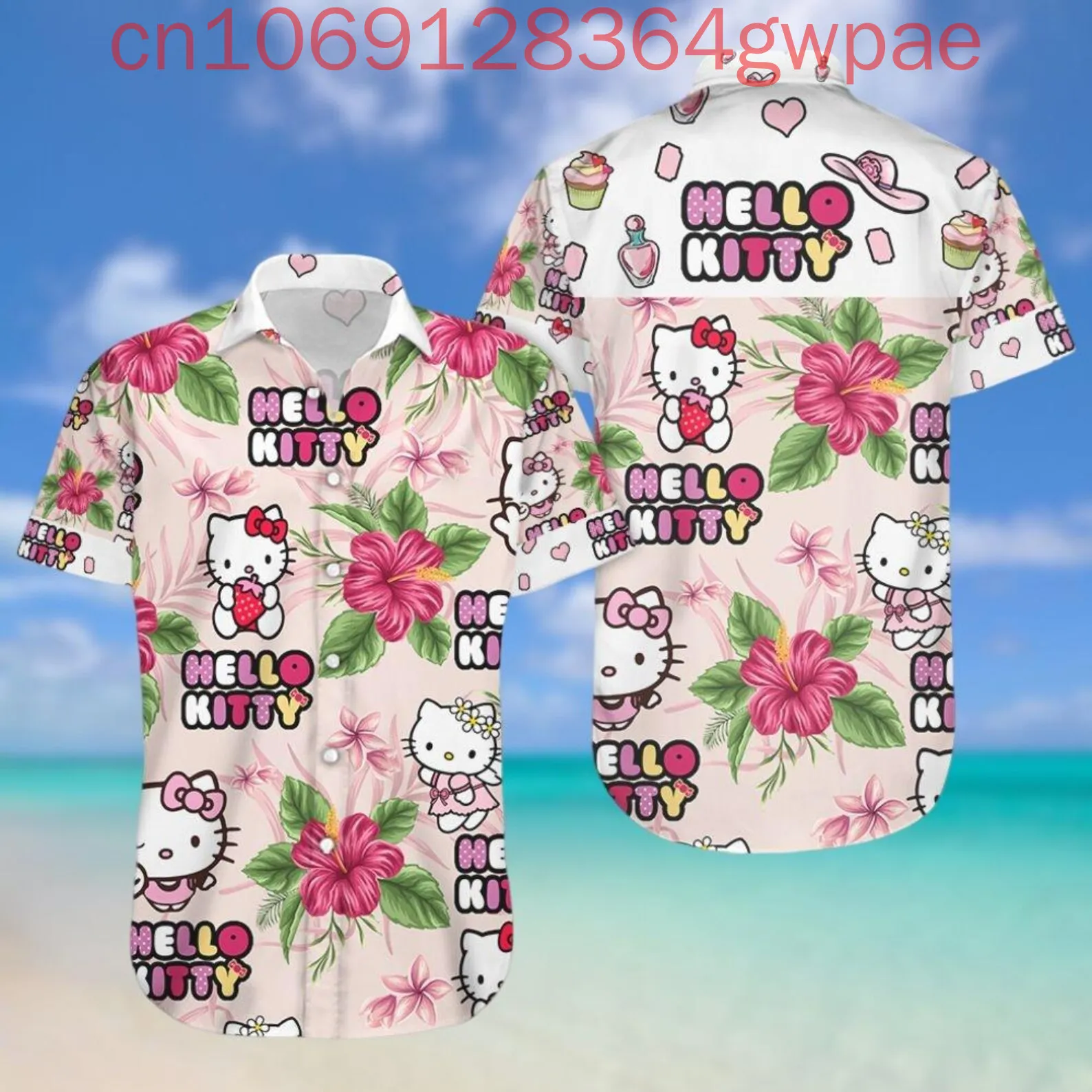 

Hellokitty Women's Shirt Summer Casual Vacation Short Sleeve Hawaiian Shirt Hello Kitty Fashion Retro Button Short Sleeve Shirt