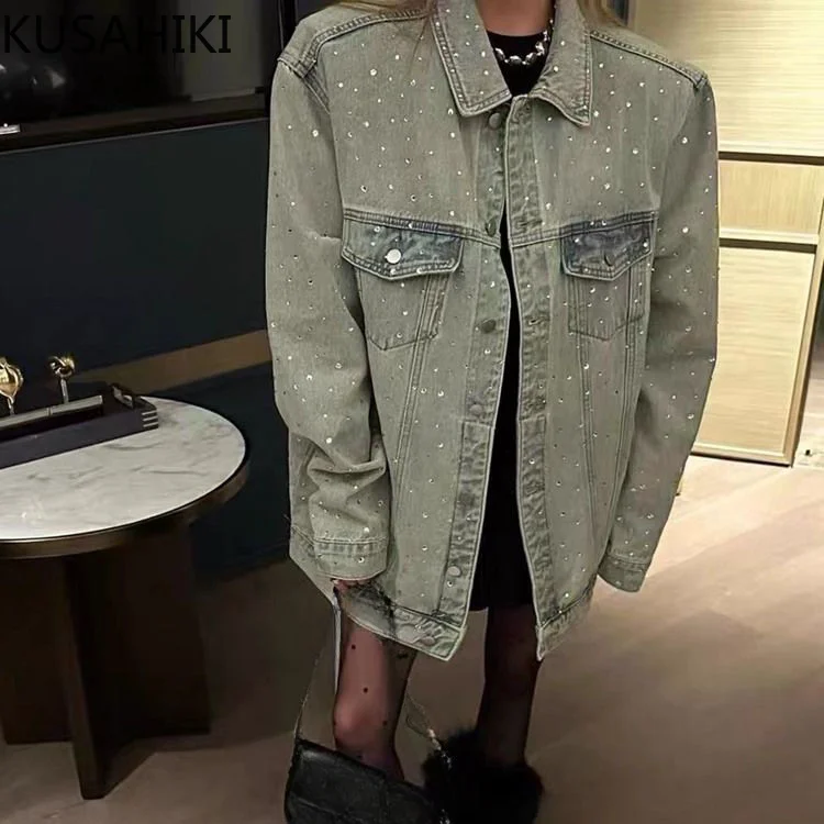 KUSAHIKI Diamond Denim Jacket for Women Retro Style 2024 Spring Autumn New Cardigan Top Causal Turn-down Collar Jeans Coat