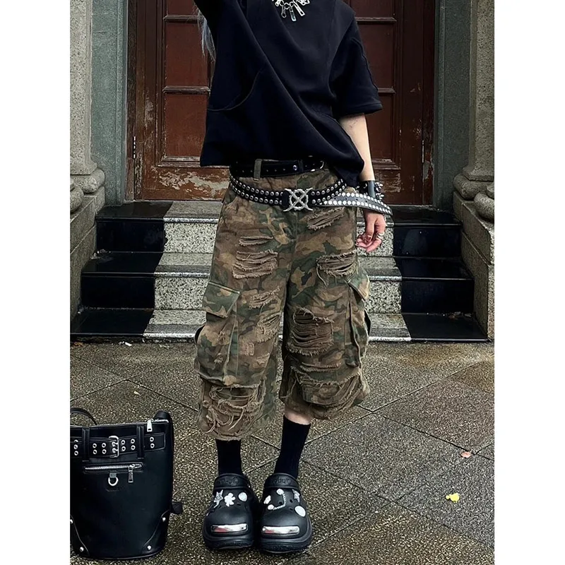 Women Short Jeans Camouflage American Ripped Y2K Straight Streetwear Wide Leg Pants Female Summer Knee Length Denim Shorts