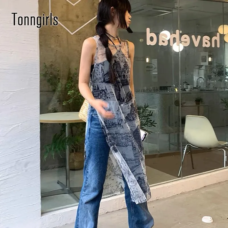 Tonngirls Korean Style Vintage Dress Women Sleeveless Y2k Rero Print Dresses Streetwear Mesh See Through Die Try Dress Female