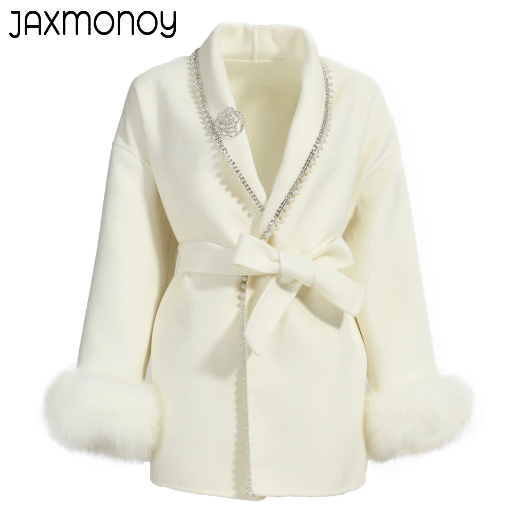 

Jaxmonoy женское кашемировое шерстяное пальто из натурального лисьего меха с манжетами и жемчугом, элегантная брошь в виде розы со стразами, зимняя верхняя одежда, женская