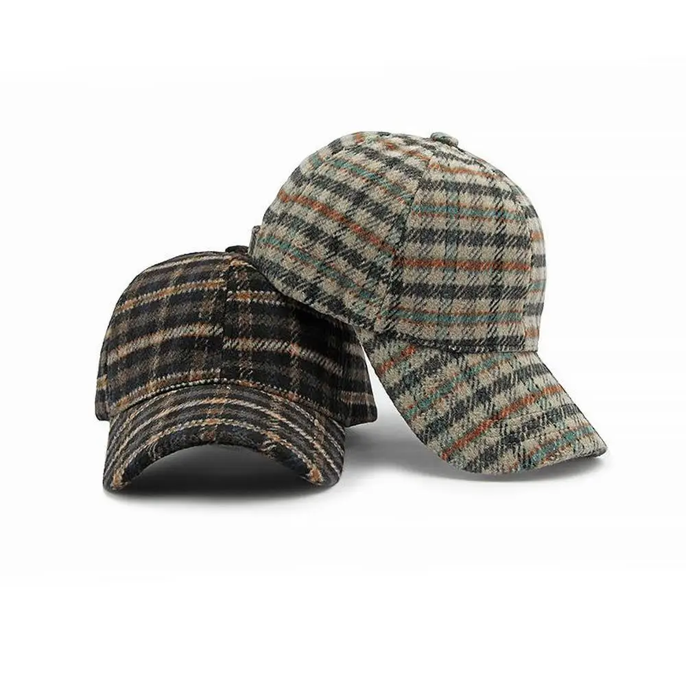 Autumn Winter Unisex Plaid Baseball Cap With Woolen Material 55-60cm Adjustable Casual Versatile Hats For Women And Men BQ0625