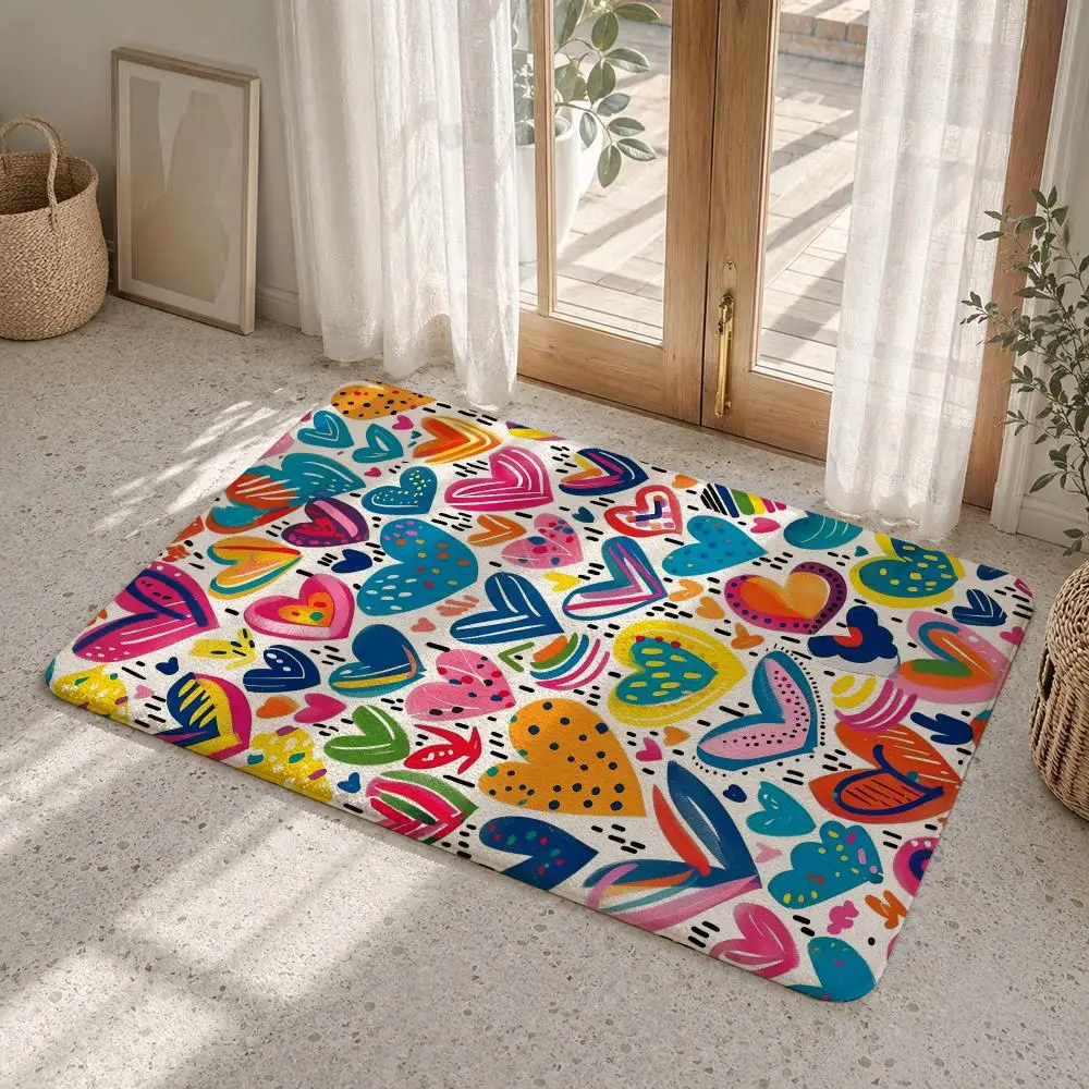 Colorful Doodle Heart Shapes Floor Mat Flannel Rug Non Slip Absorbent Soft Washable For Entryway Hallway Bathroom Kitchen Decor