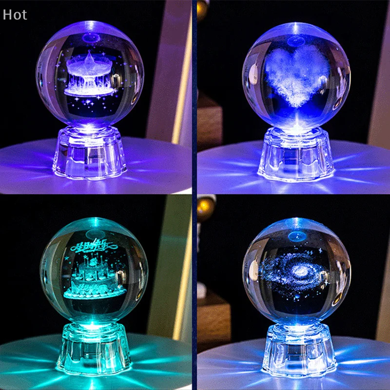 3D Moon Crystal Ball Night Lights Glowing Planet Galaxy Astronaut Solar System Laser Carving Crystal Ball Lighting Birthday Gift