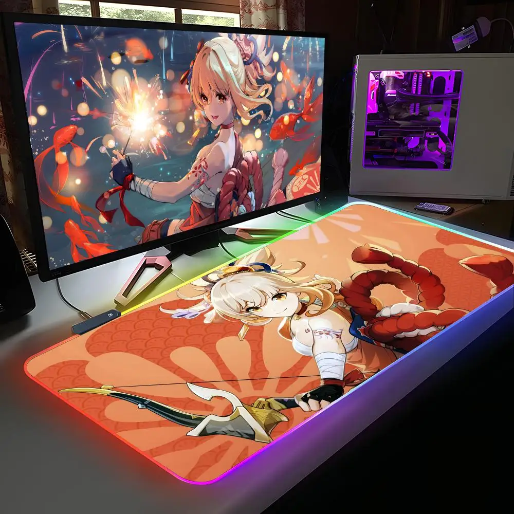 

Game GI Yoimiya Mouse Pad RGB Rubber Computer Laptop Official Game Colored esports Aesthetic Pretty Fashion Luxury Mat