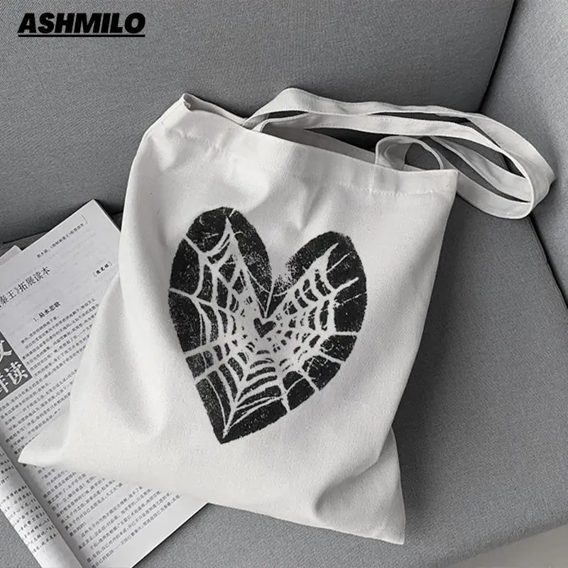 Kawaii Y2k Spider Web Canvas Tote Bag Eco Shopping Bag Shoulder Bag Women Female Foldable Shopper Bag