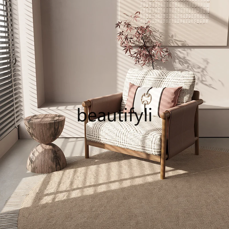 

Single sofa solid wood villa luxury home leather Italian designer casual chair