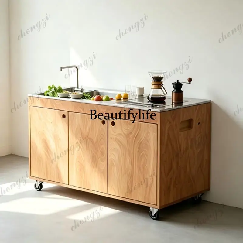 Household pulley movable multi-functional kitchen bar dining table, living room multi-layer storage island