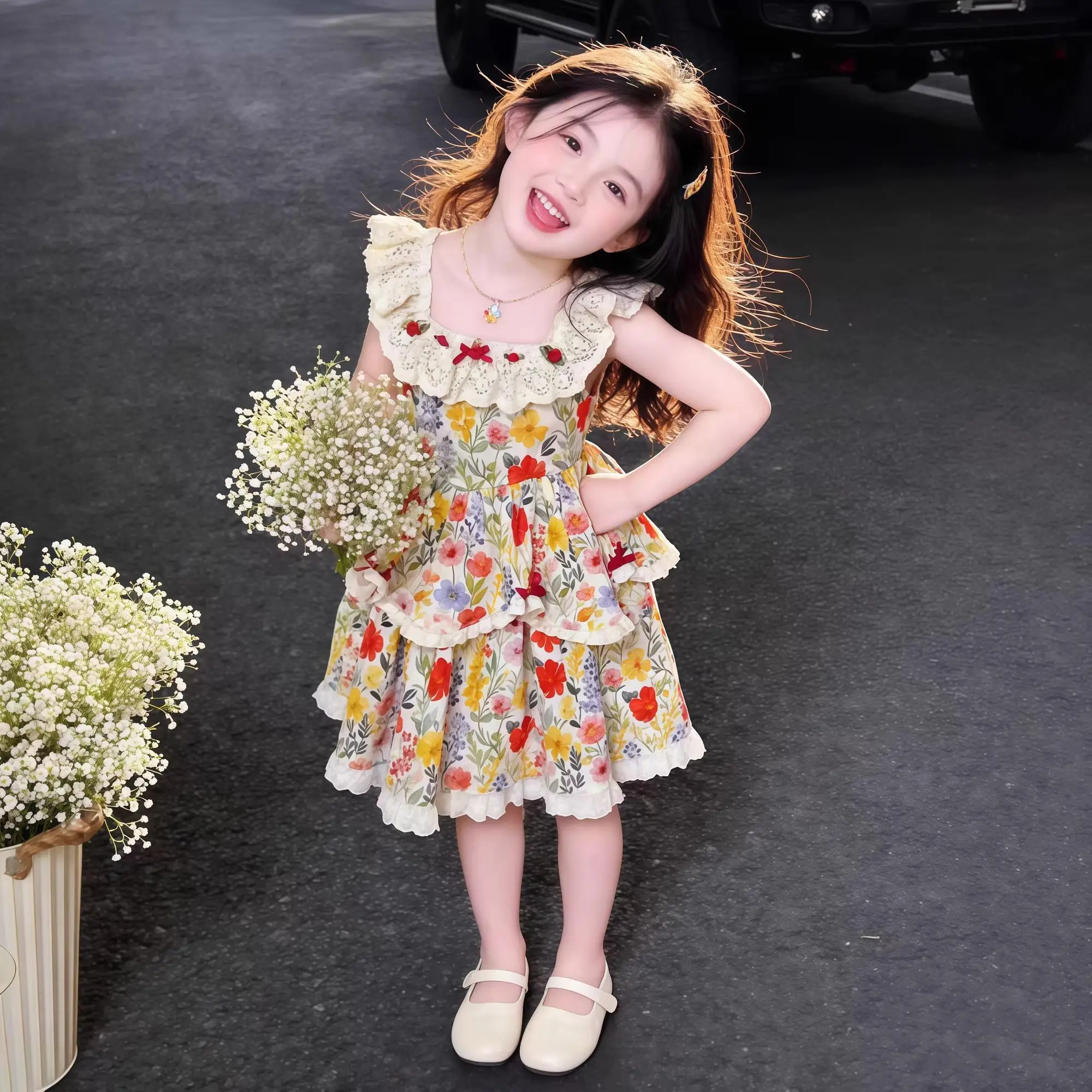 

Girls Colorful Floral Print Dress, Lace Trim Sleeveless Tiered Sundress with Ruffle Hem, Casual Summer Outfit for Little Girls