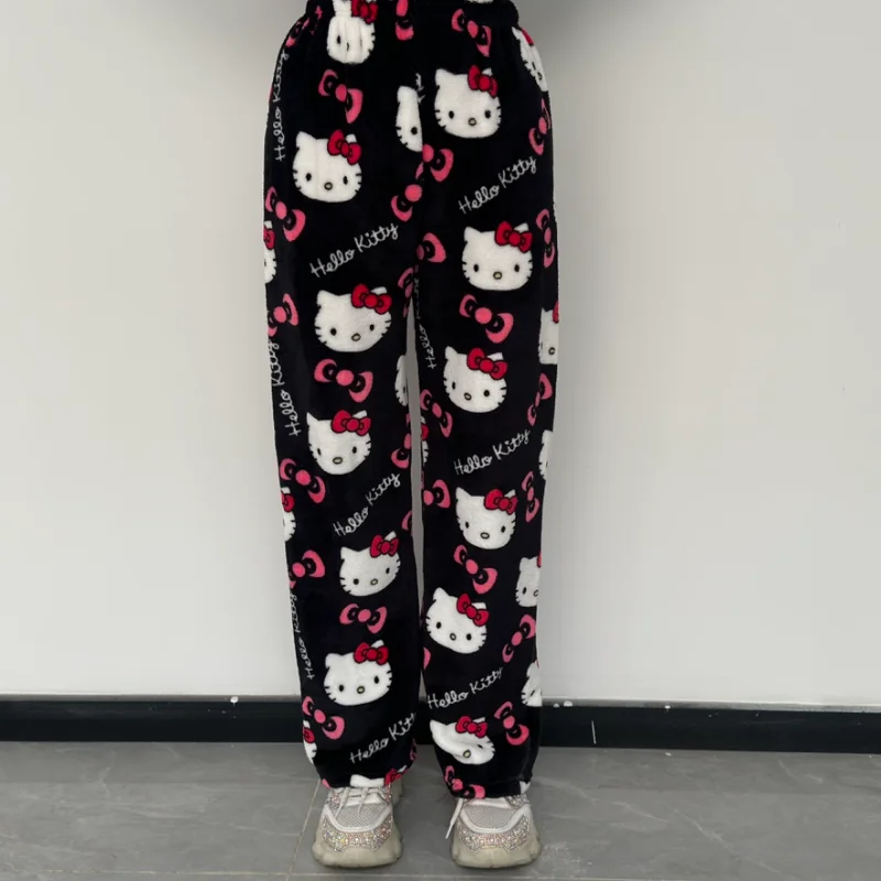 مرحبا كيتي Y2k Kawaii الفانيلا بنطلون بيجاما النساء الخريف الشتاء الدافئة الصوفية أفخم اصطف الكرتون شريك صالة المنزل بنطلون #2