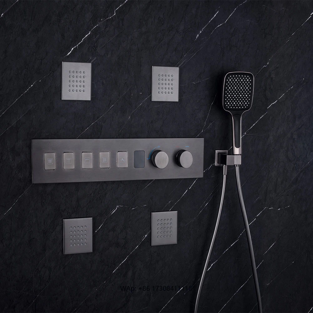 High-End Gray Concealed Shower Set - 5-Function Thermostatic, Push-Button, Modern Rain Shower Fixture
